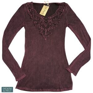 NEW TParty Boutique Plum Lace Front Ribbed Long Sleeve Top Boho Western Vibes